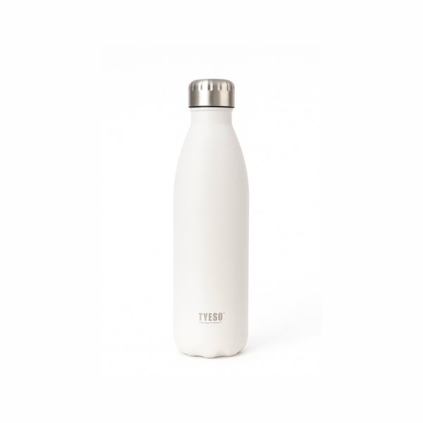 White insulated bottle with silver cap on a white background