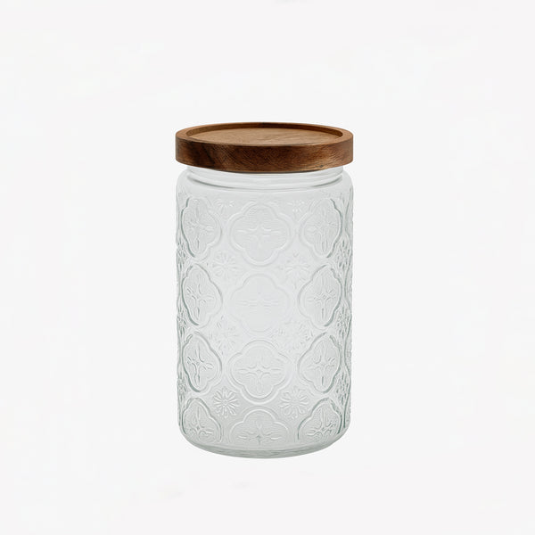 HMA10065 Glass Storage Jar with Wooden Lid – 950ml  – Embossed Design