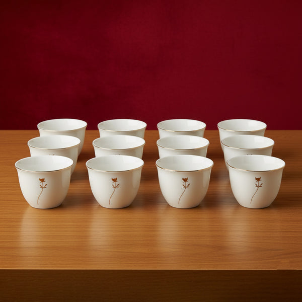 5860G Cawa Cup Set – 12-Piece Elegant White Design with Gold Flower & Rim