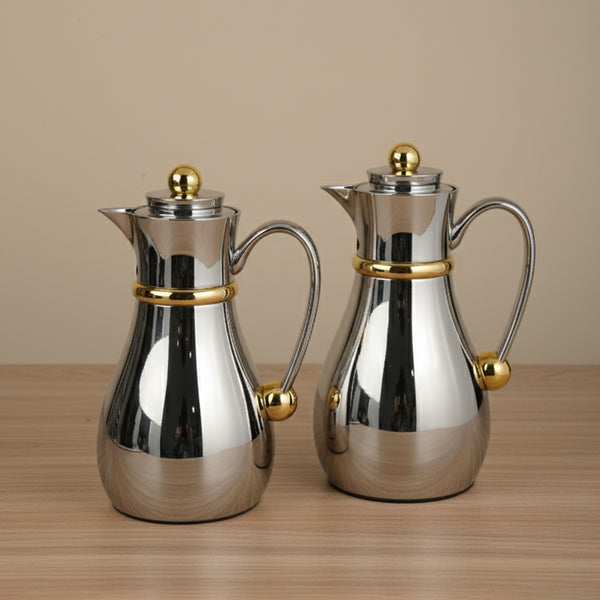 NB6100 Vacuum Flask Set – 2-Piece – (0.7L + 1.0L) – Silver Finish with Gold Accents