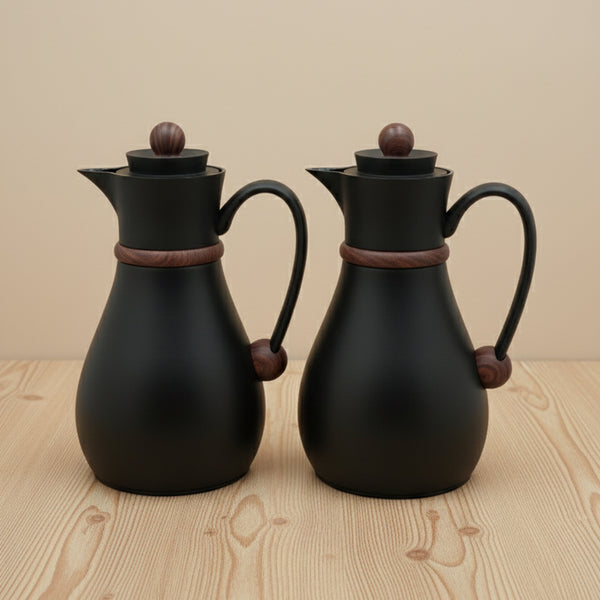 NB6100 Vacuum Flask Set – 2-Piece – (0.7L + 1.0L) – Matte Black Finish with Wooden Accents