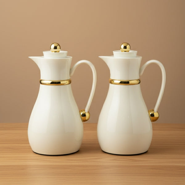 NB6100 Vacuum Flask Set – 2-Piece – (0.7L + 1.0L) – Pearl White Finish with Gold Accents
