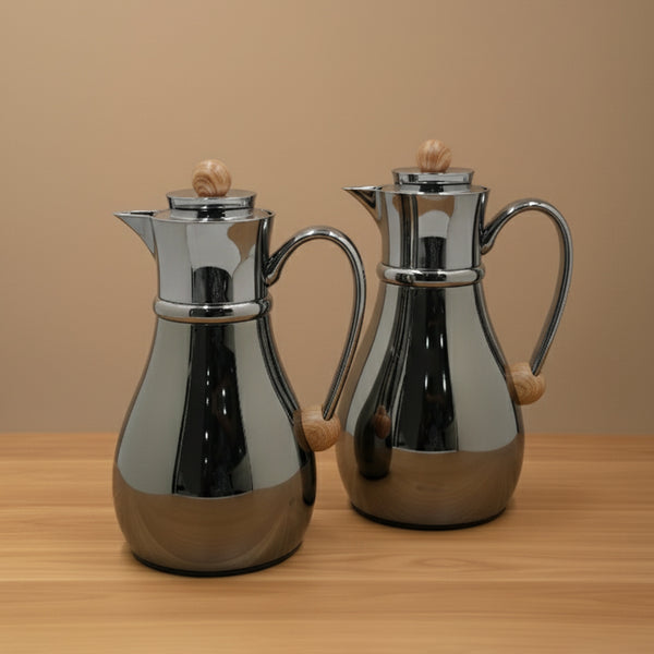 NB6100 Vacuum Flask Set – 2-Piece – (0.7L + 1.0L) – Jet Black Finish with Wooden Accents