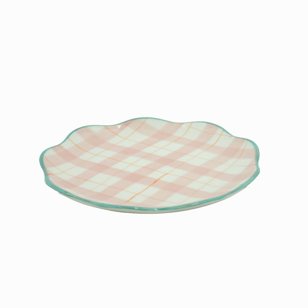 1523-01 Ceramic Saucer – Pink Checkered Design with Green Rim