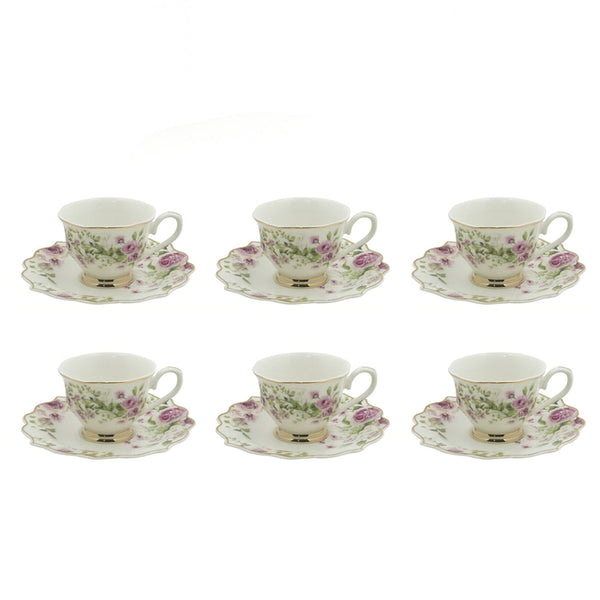 GP-81 Turkish Coffee Cup & Saucer Set – 12-Piece – Purple Floral Design with Gold Rim