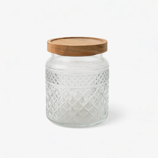 2214-1 Glass Storage Jar with Wooden Lid – 11cm (H) – Diamond Embossed Design