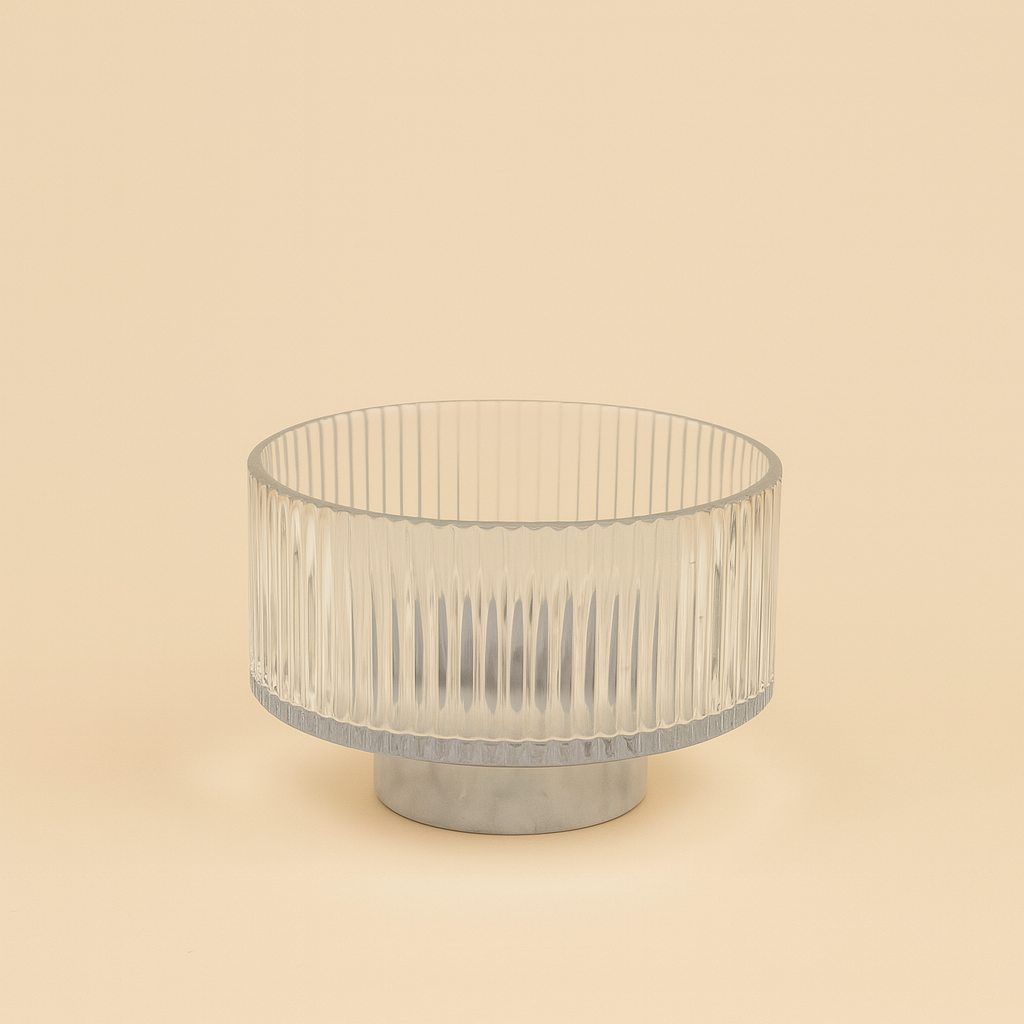 VG533 – Glass Bowl with Vertical Ribbed Texture and Marble Base – 15cm (D)