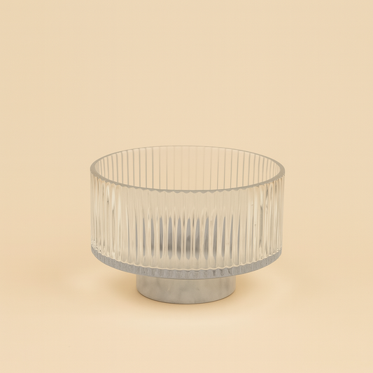 VG533 – Glass Bowl with Vertical Ribbed Texture and Marble Base – 15cm (D)