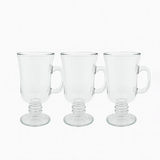 PJ47-09 – Irish Mug – 3-Piece Set – 260 ml Clear Glass Mugs with Handle & Footed Base
