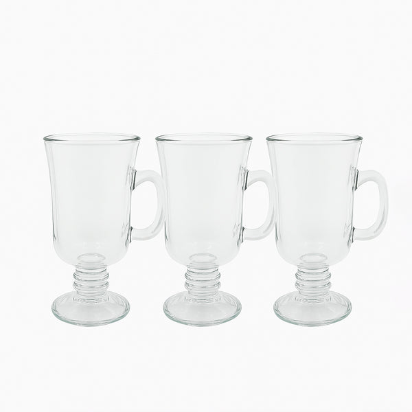 PJ47-09 – Irish Mug – 3-Piece Set – 260 ml Clear Glass Mugs with Handle & Footed Base