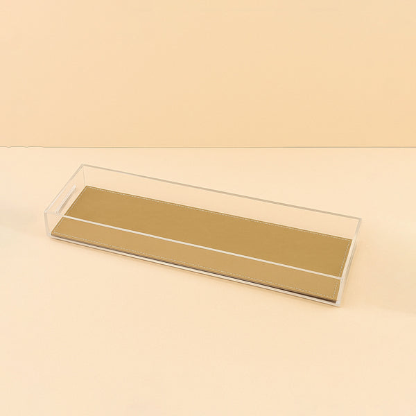 Acrylic Rectangular Tray with Leather Base – 20 x 60 x 5 cm – Gold – TR0023