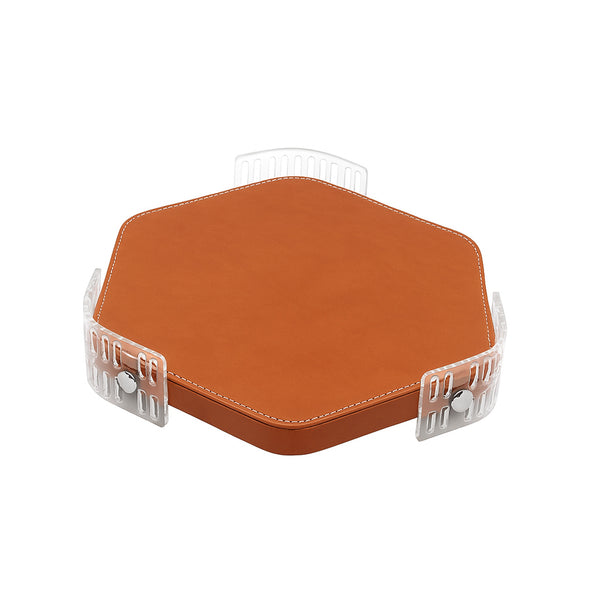 TR0037 – Acrylic Hexagon Tray with Leather Base – 30cm – Brown