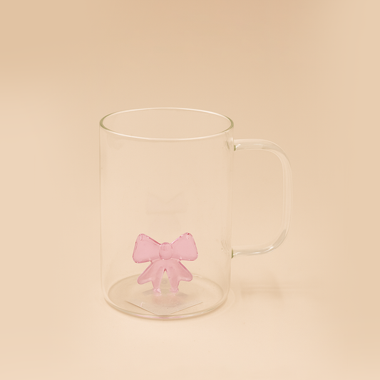 007-12 – Borosilicate Glass Mug with Pink Bow Design – 8cm (D) x 12cm (H)