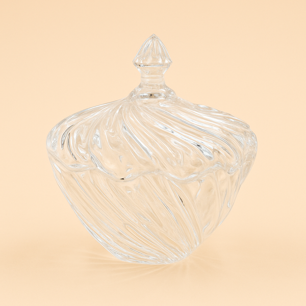 Glass Candy Bowl with Lid 19cm (D) x 20cm (H) – Elegant Swirl Design – Clear – MS8039-200