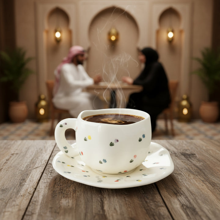 Steaming coffee cup on a wooden table with a blurred background of two people sitting at a table.
