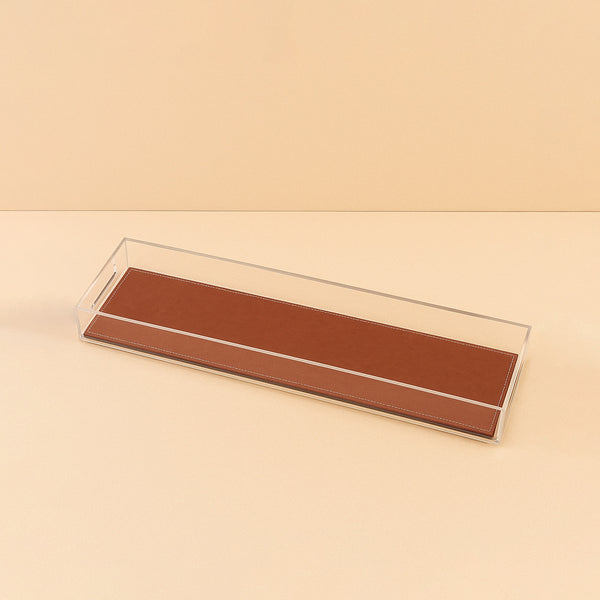 Acrylic Rectangular Tray with Leather Base – 20 x 60 x 5 cm – Brown – TR0023