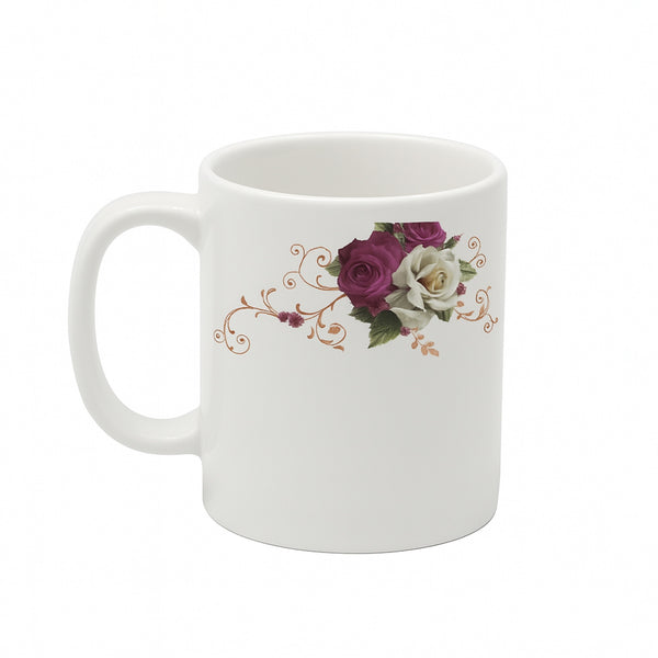 MC-CN08 – Porcelain Mug – Classic White with Elegant Rose Floral Print