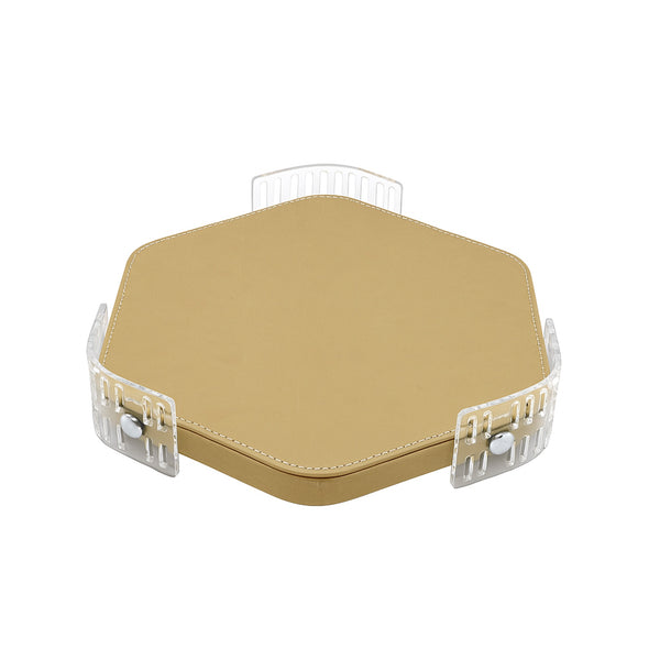 TR0037 – Acrylic Hexagon Tray with Leather Base – 30cm – Beige