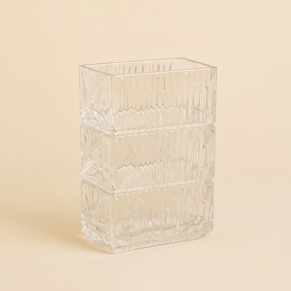 Glass Flower Vase – Stacked Textured Block Design – 20cm (H) – HUD25698