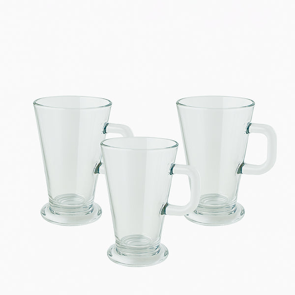 PJ01-10 – Helsinki Mug – 3-Piece Set – 290 ml Clear Glass with Handle & Pedestal Base