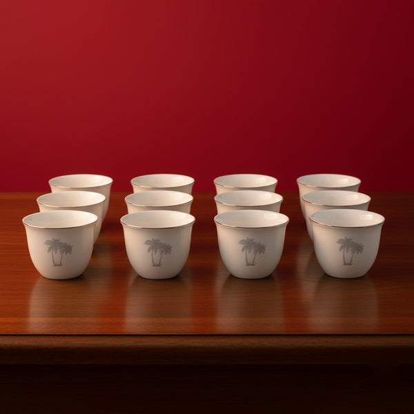 5795S Cawa Cup Set – 12-Piece Elegant White Design with Silver Palm & Rim