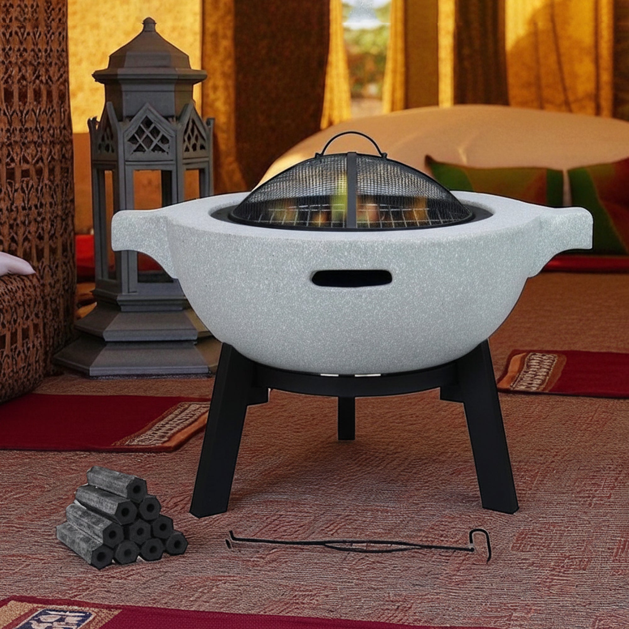 R241518-3-004 موقد شواء خارجي VIP - 77 × 60 × 56 سم - تصميم دائري مرتفع على شكل حجر مع مقابض