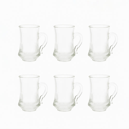 SD-48828-P – Glass Tea Cup – 6-Piece Set – Clear Fluted Tea Cups with Handle