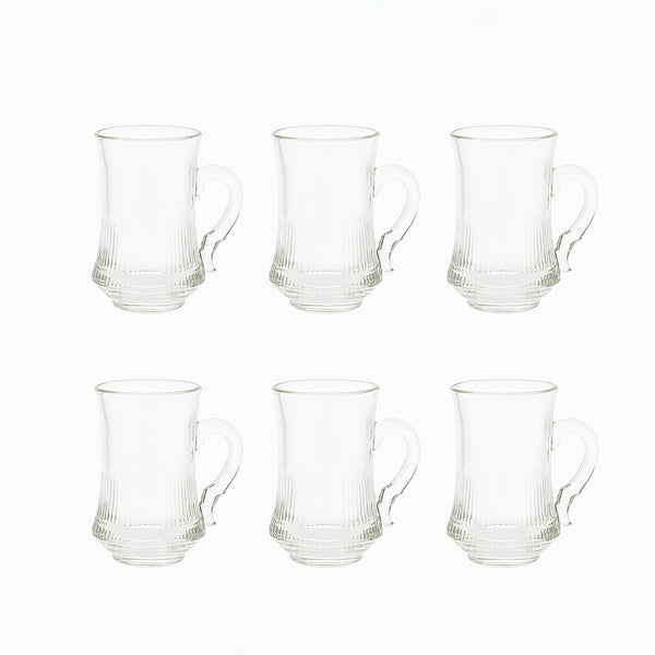SD-48828-P – Glass Tea Cup – 6-Piece Set – Clear Fluted Tea Cups with Handle