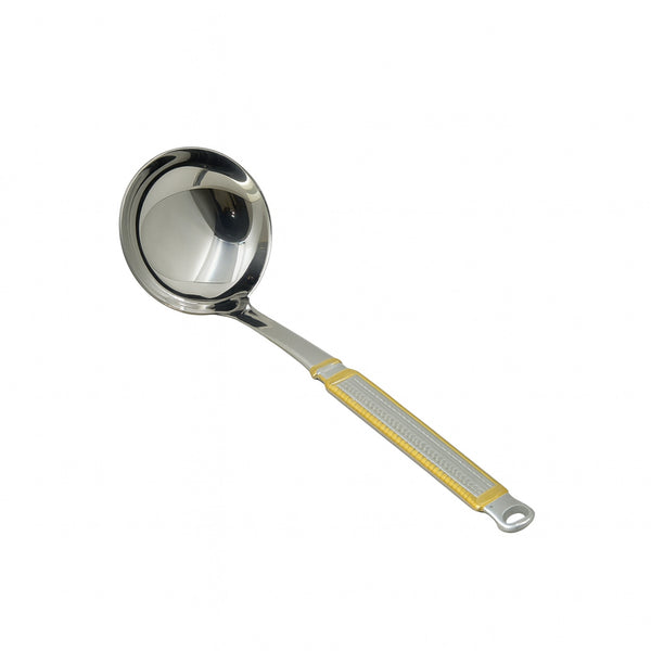 CUT0010294 Stainless Steel Soup Ladle – Small – Silver with Gold Accent Handle