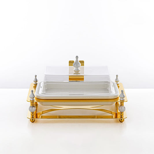 HM4110-G Rectangle Sweet Tray – Elegant Gold Finish with Clear Lid – 33cm(L) × 27cm(W) × 7.5cm(H)