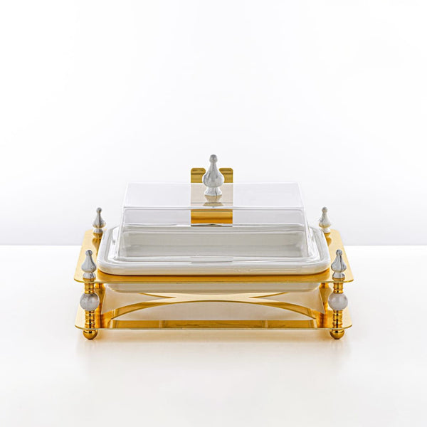 HM4110-G Rectangle Sweet Tray – Elegant Gold Finish with Clear Lid – 33cm(L) × 27cm(W) × 7.5cm(H)
