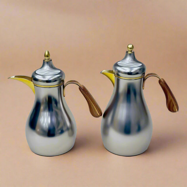 NB5800-H Vacuum Flask Set – 2 Piece – 0.7L & 1.0L – Matt-Silver with Gold Accents and Wooden Handle