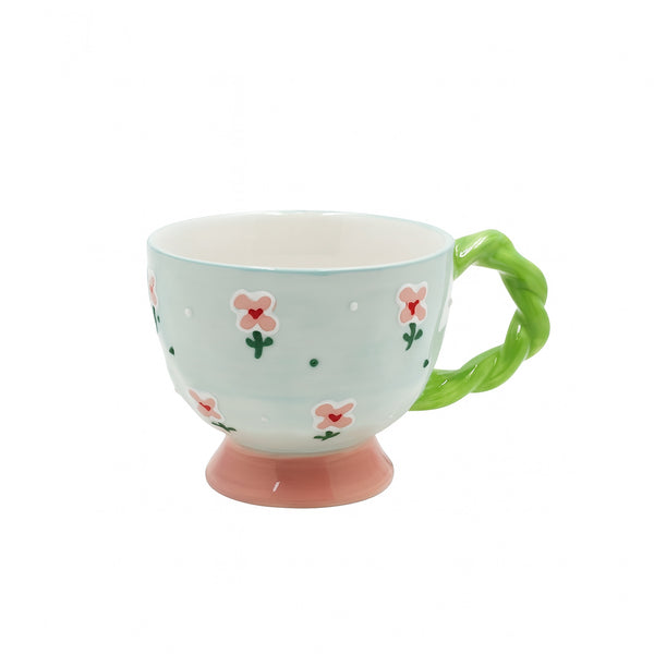 1515-01 Ceramic Mug – Floral Design with Braided Green Handle