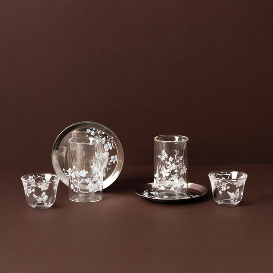GT1119 Tea & Cawa Cup Set – 18-Piece – Elegant Clear Glass Design with White Floral & Butterfly Motif for Arabic Serving