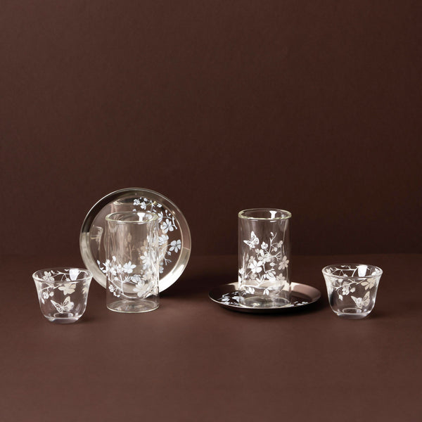GT1119 Tea & Cawa Cup Set – 18-Piece – Elegant Clear Glass Design with White Floral & Butterfly Motif for Arabic Serving