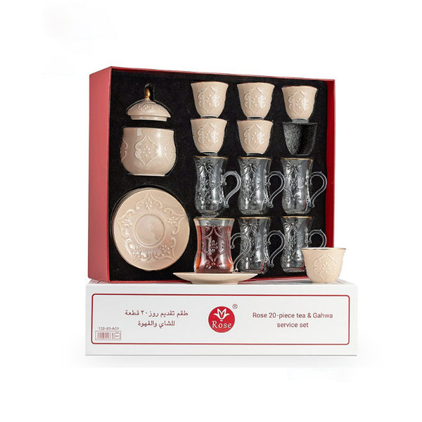 624-20 Rose Tea & Cawa Cup Set – 20-Piece Elegant Brown Beige Design
