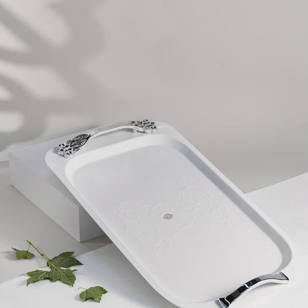 HJ1407 Naqsh Luxury Serving Tray – White & Silver