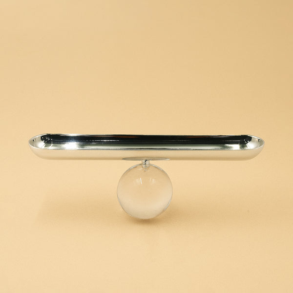 25260-18 – Dessert Table – 36cm (W) x 12cm (H) – Oval Silver Tray with Clear Sphere Base