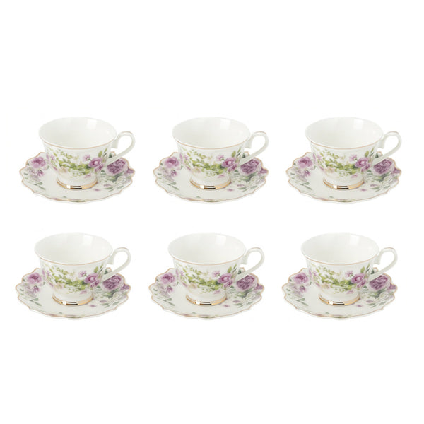 GP-80 Milk Cup & Saucer Set – 12-Piece – Purple Floral Design with Gold Rim