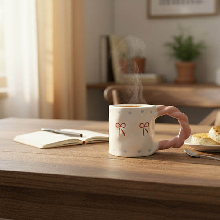 Steaming mug on a wooden table with a notebook and pastry in a cozy room.