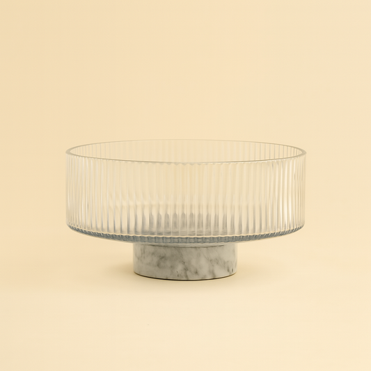 VG532 – Glass Bowl with Vertical Ribbed Texture and Marble Base – 20cm (D)