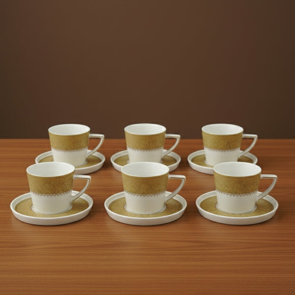 MK-374 Turkish Cup & Saucer Set – 12-Piece – White Porcelain with Luxury Gold Design