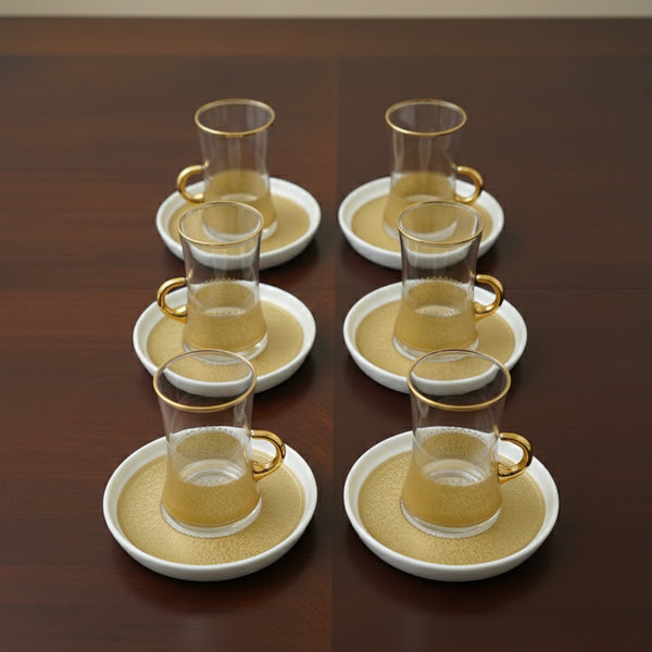 MK-376 Tea Cup & Saucer Set – 12-Piece  – Clear Glass with Luxury Gold Design