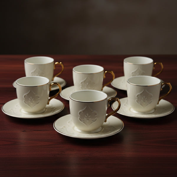 624 Rose Milk Tea Cup Set – 12-Piece – Ivory Finish with Embossed Design and Gold Handle
