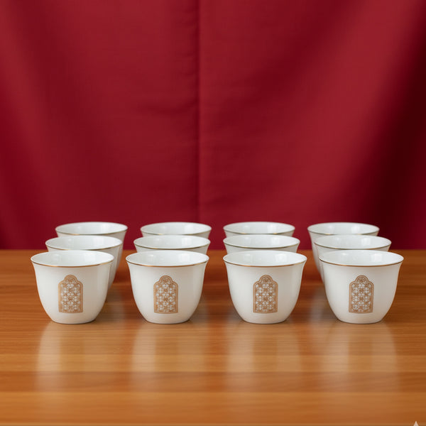 5847G Cawa Cup Set – 12-Piece Elegant White Design with Gold Geometric Motif & Rim