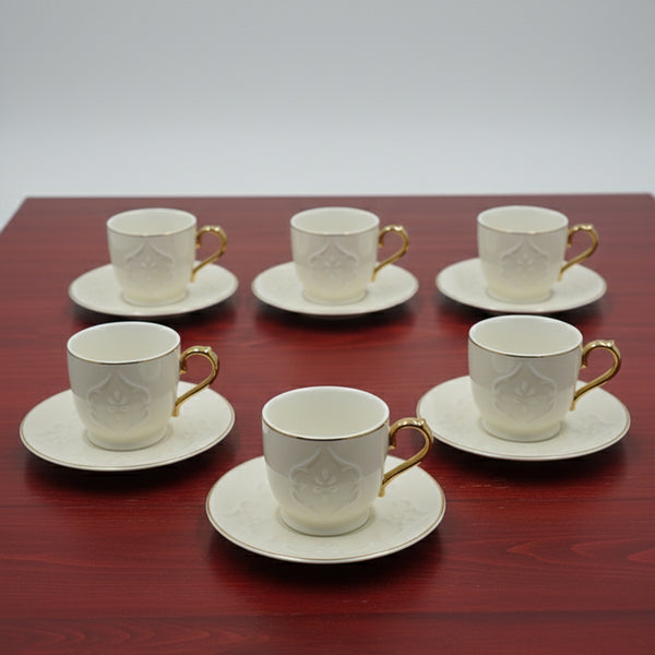 624 Rose Turkish Coffee Cup Set – 12-Piece – Ivory Finish with Embossed Design and Gold Handle