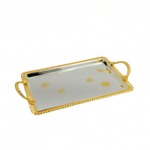5437 – Serving Tray 3-Piece Set – Silver Base with Gold  Handles & Border