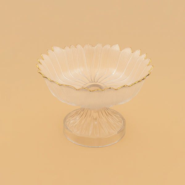 SJ608 – Glass Fruit Bowl with Gold Rim and Fluted Pedestal Base – 20cm (D)