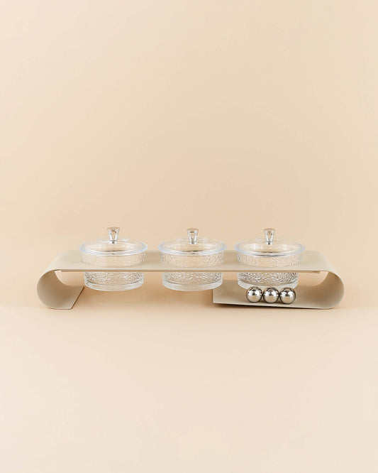 25236-21 – Metal Cup Holder with 3 Glass Bowls and Lids – Beige Stand