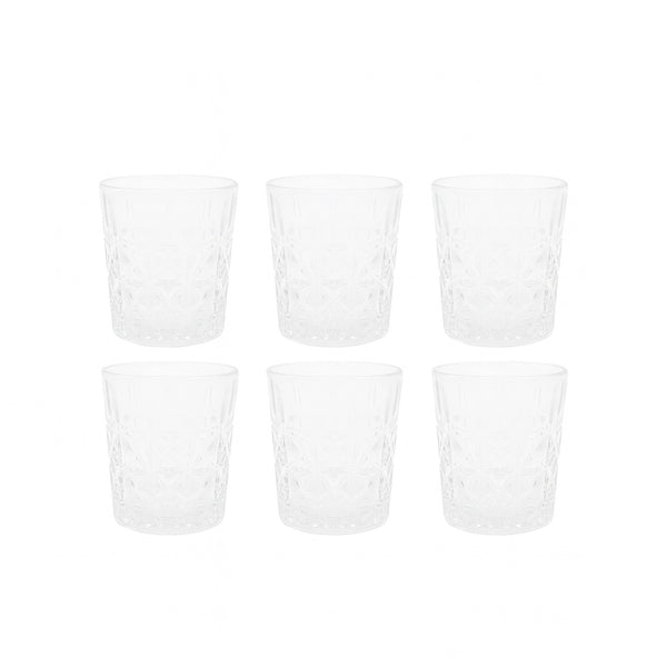 LXY4004 Short Glass Set – 6 Pieces – Elegant Clear Glass with Floral-Cut Design